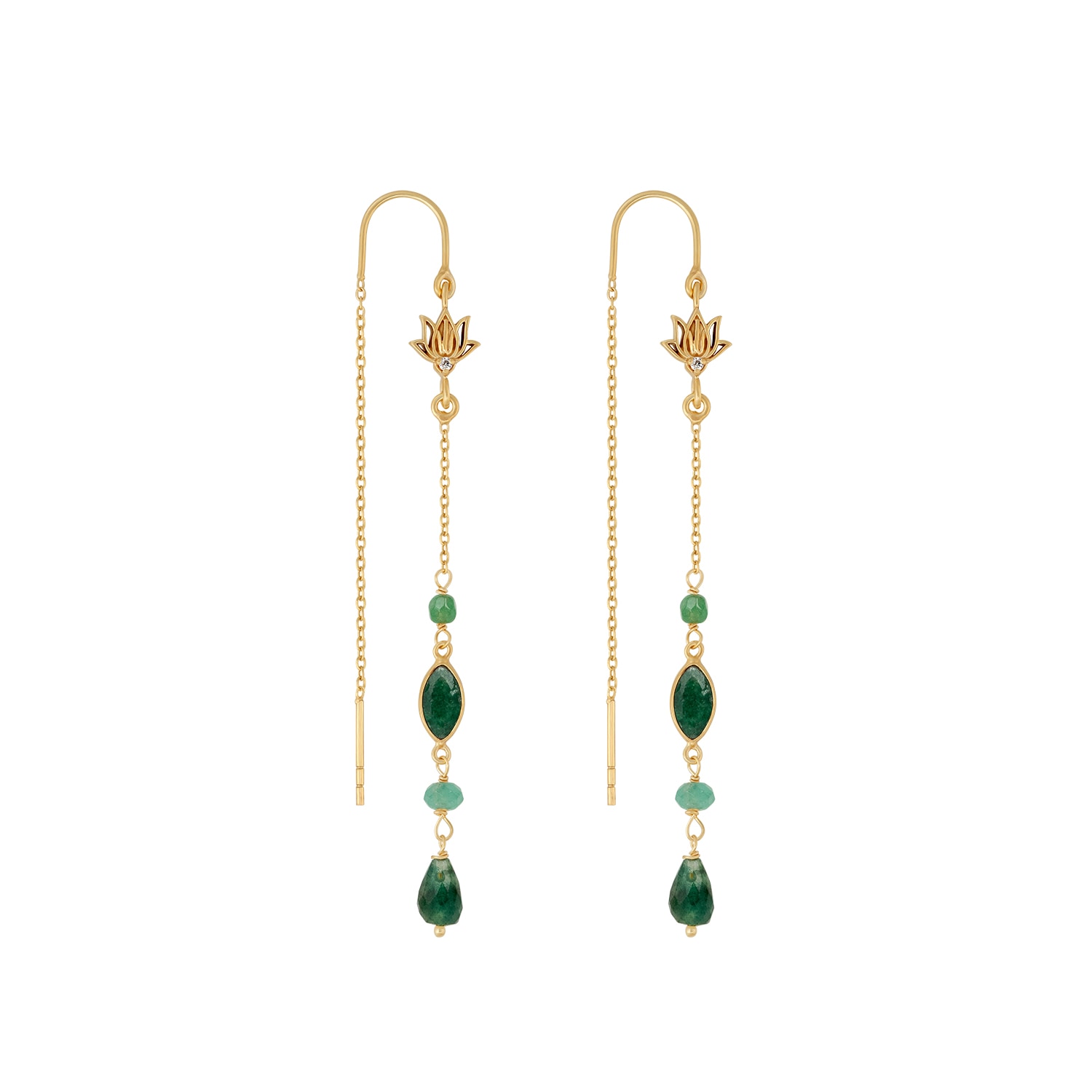 Karma And Luck Peaceful Perspective Lotus Jade Drop Gold Earrings In Gold