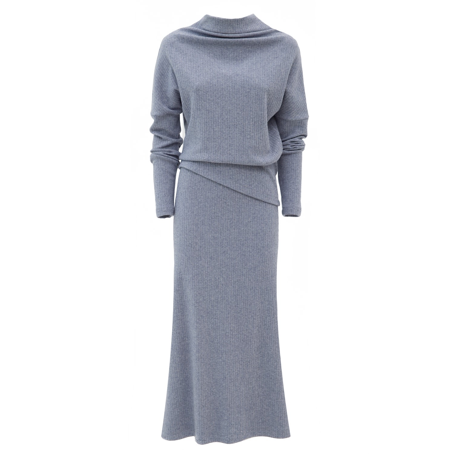 Julia Allert Women's Grey Rib Knit Suit Asymmetric Blouse & Basik Skirt - Gray-blue