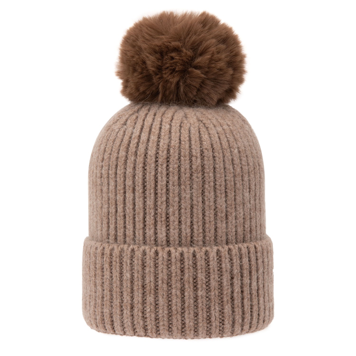 At Last... Women's Brown Super Soft Chunky Cashmere Hat With Pom Pom In Taupe In Brown