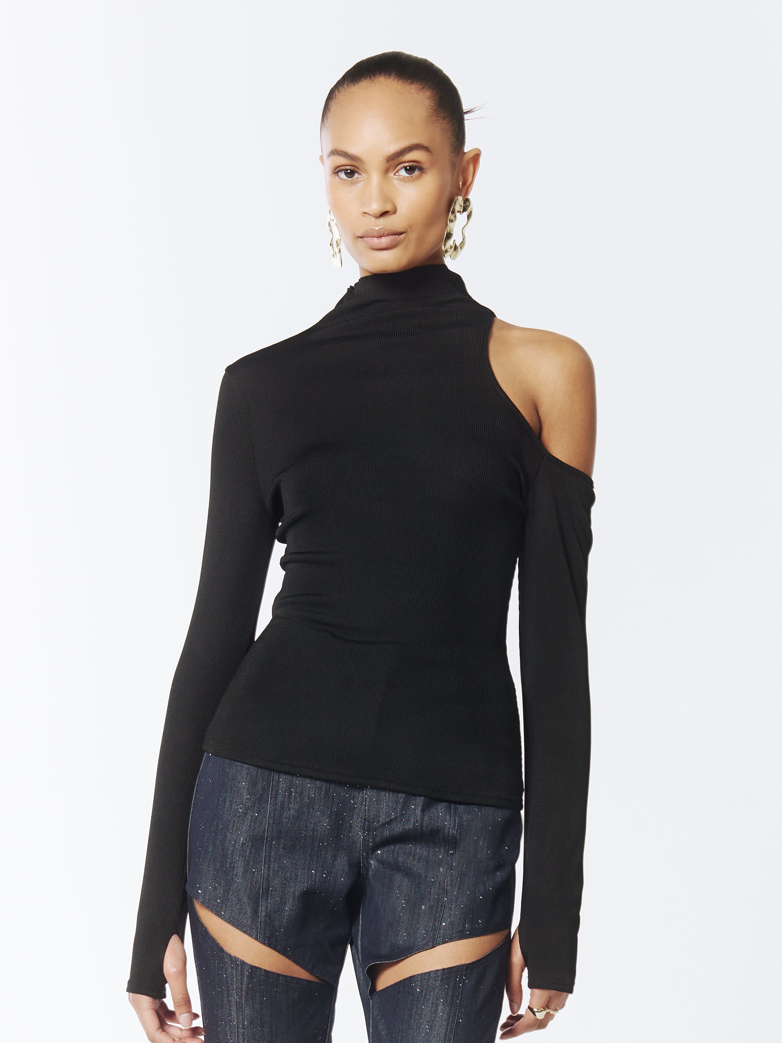 Asymmetric One-Shoulder Cutout Turtleneck Knit Top In Black | SOUR