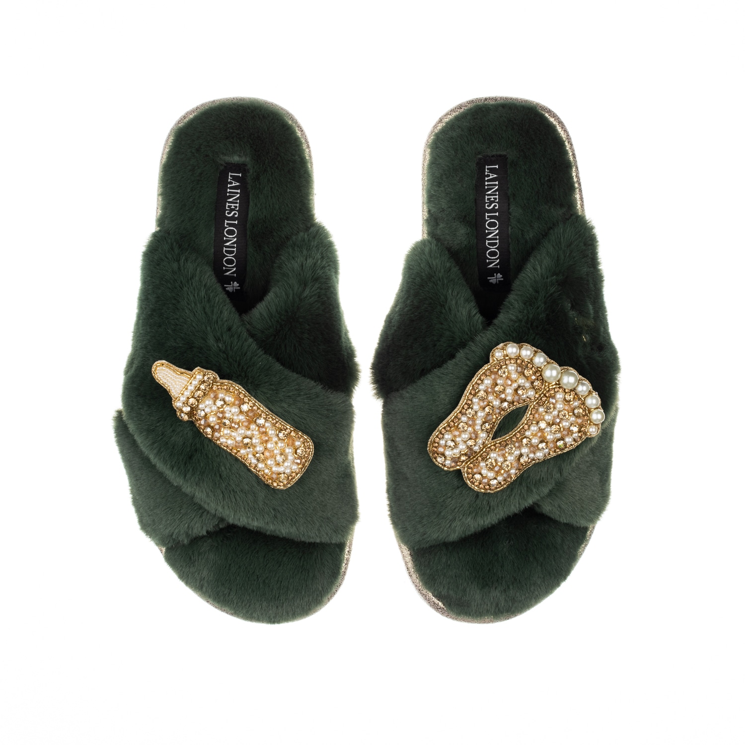 Laines London Women's Classic Laines Slippers With Gold New Baby Brooches - Limited Edition Green In Green