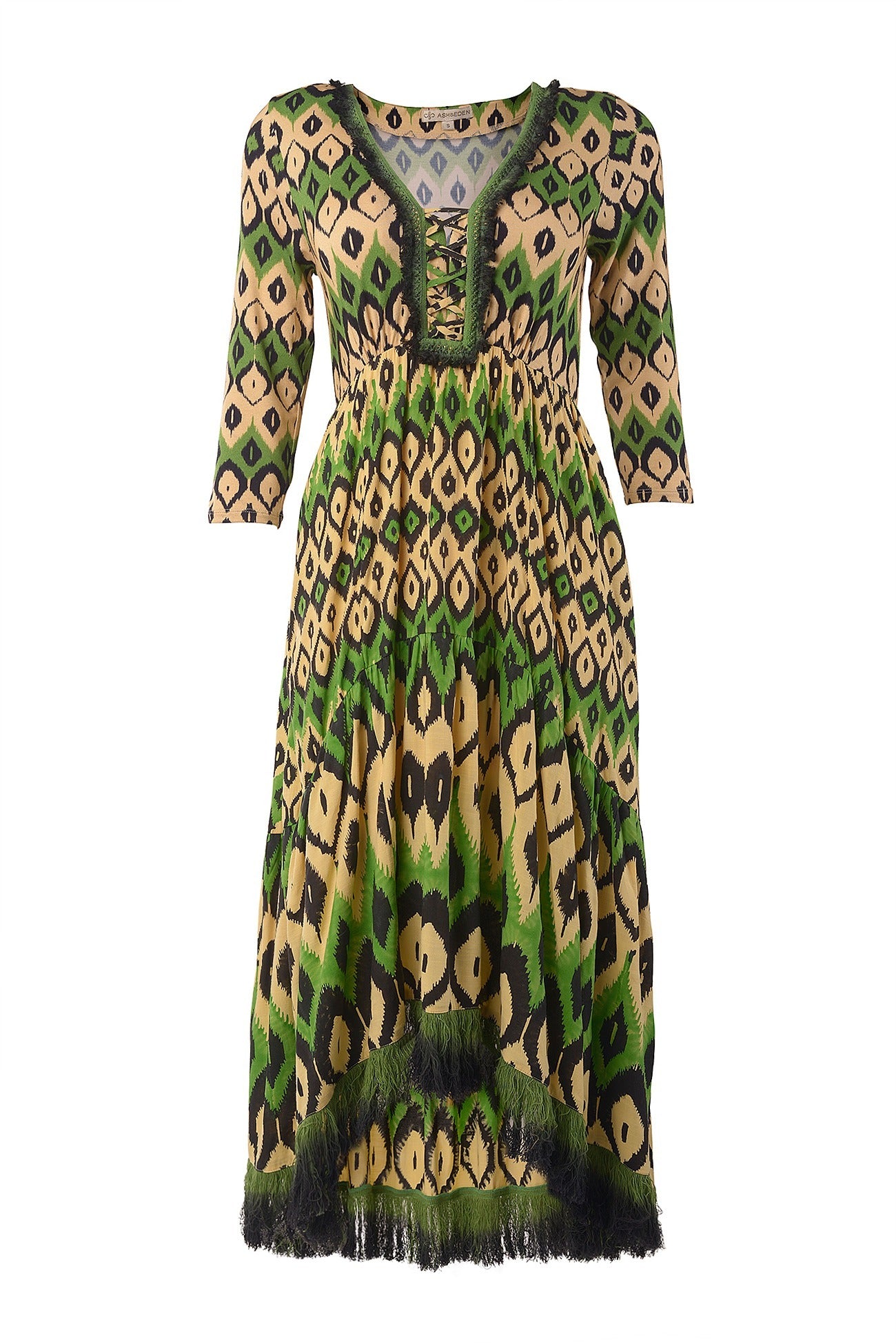 Ash & Eden Women's Green / Black / Yellow Kiara -green & Black High Low Midi Dress With Fringe Lace In Green/black/yellow