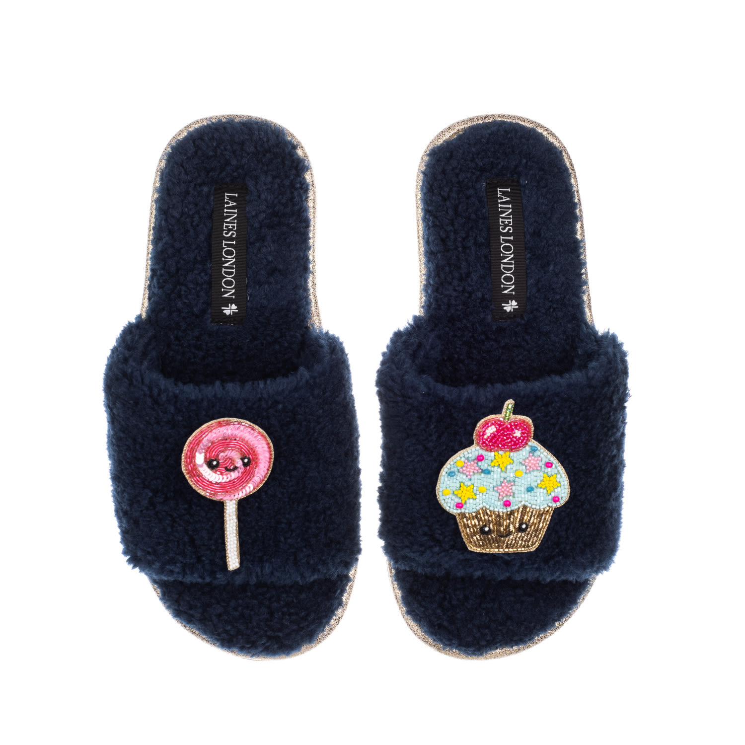 Laines London Women's Blue Teddy Slider Slippers With Laines Loveables Lollipop & Cupcake Brooches - Navy In Blue