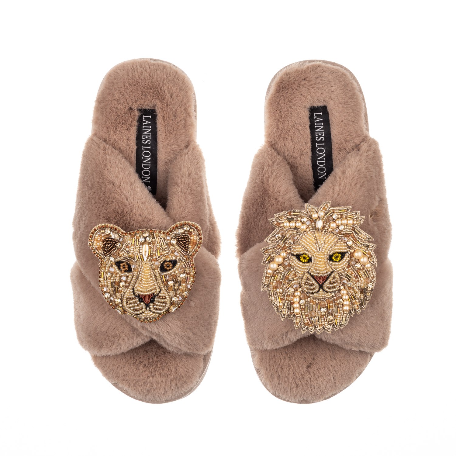 Laines London Women's Brown Classic Laines Slippers With Artisan Lion & Lioness Brooches - Toffee In Brown