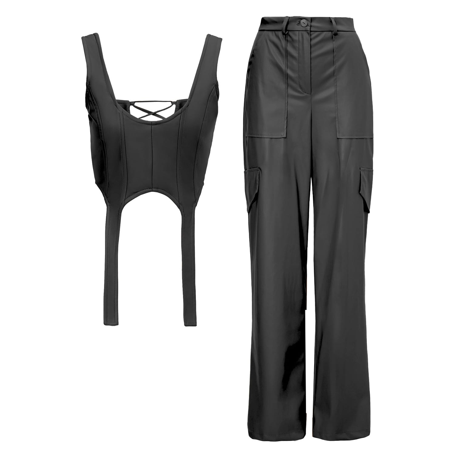 Black Lether Matching Set With Wide Leg Trousers And Corset Top, BLUZAT