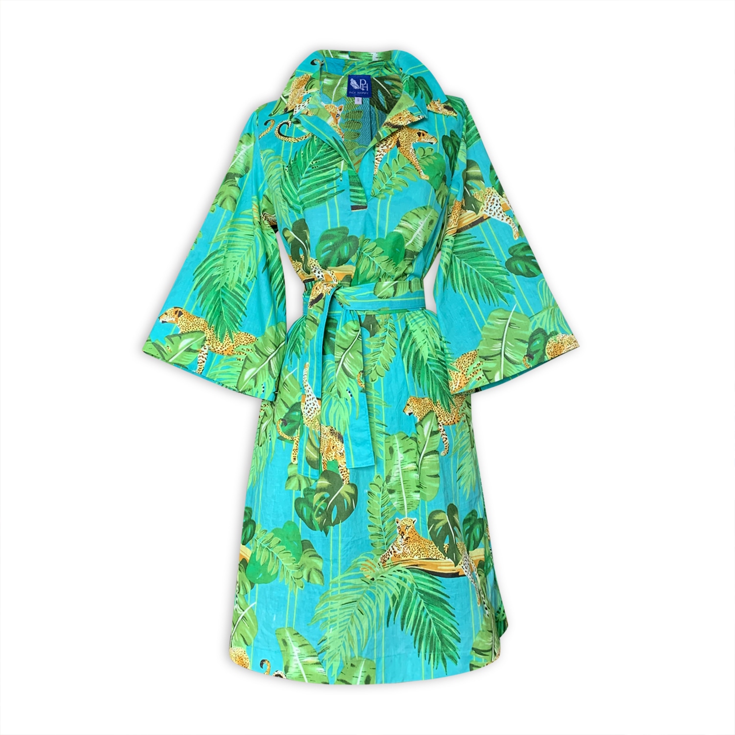 Women’s Green / Blue Kimono Dress Animal Print Caribbean Leopard Cotton Large Pick Happy
