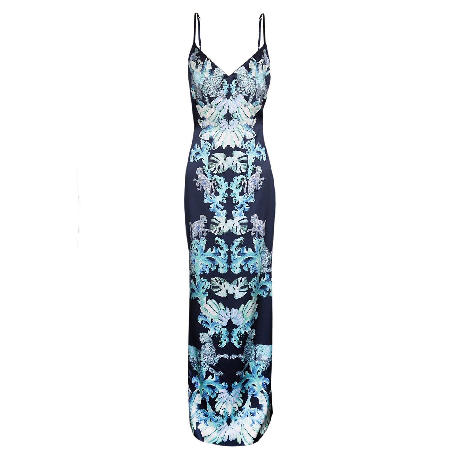 Cassandra Hone Women's Blue / Green / White Silk Slip Dress - Navy & Aqua Jungle Print In Blue/green/white