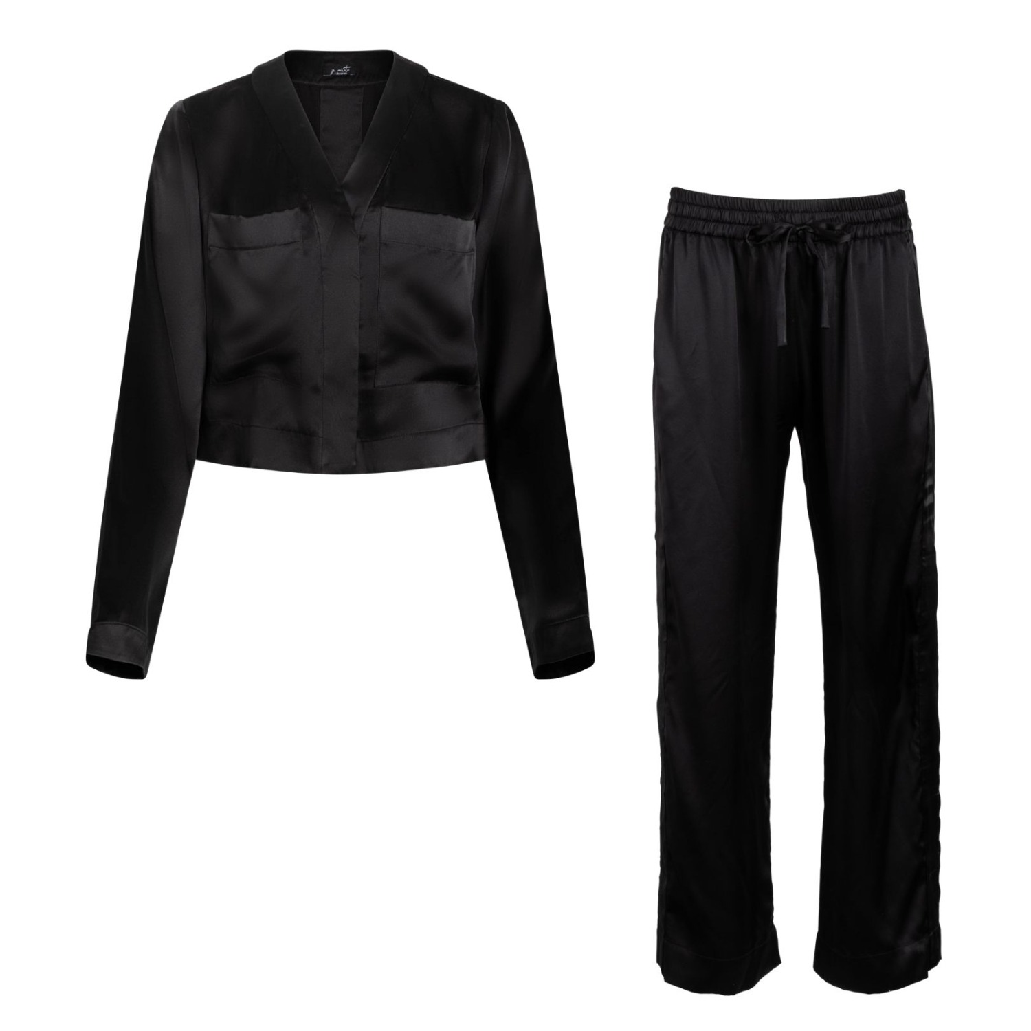 Je Mérite (i Deserve) Women's Lola Silk Cropped Sleep Shirt & Tuxedo Pant Set In Black In Black