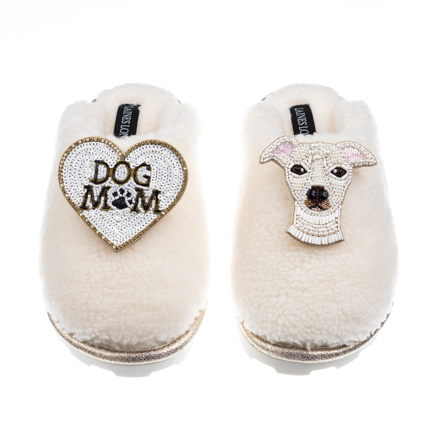 Laines London Women's White Teddy Closed Toe Slippers With Olive The Italian Greyhound & Dog Mum / Mom Brooches - In White