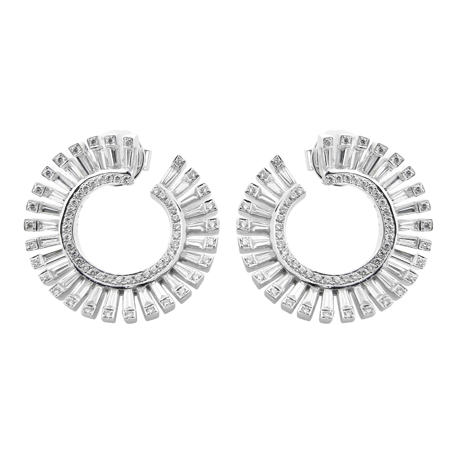 Artisan Women's Elegant Sunburst Hoop Earrings In 18k White Gold With Baguette & Round Diamond In White