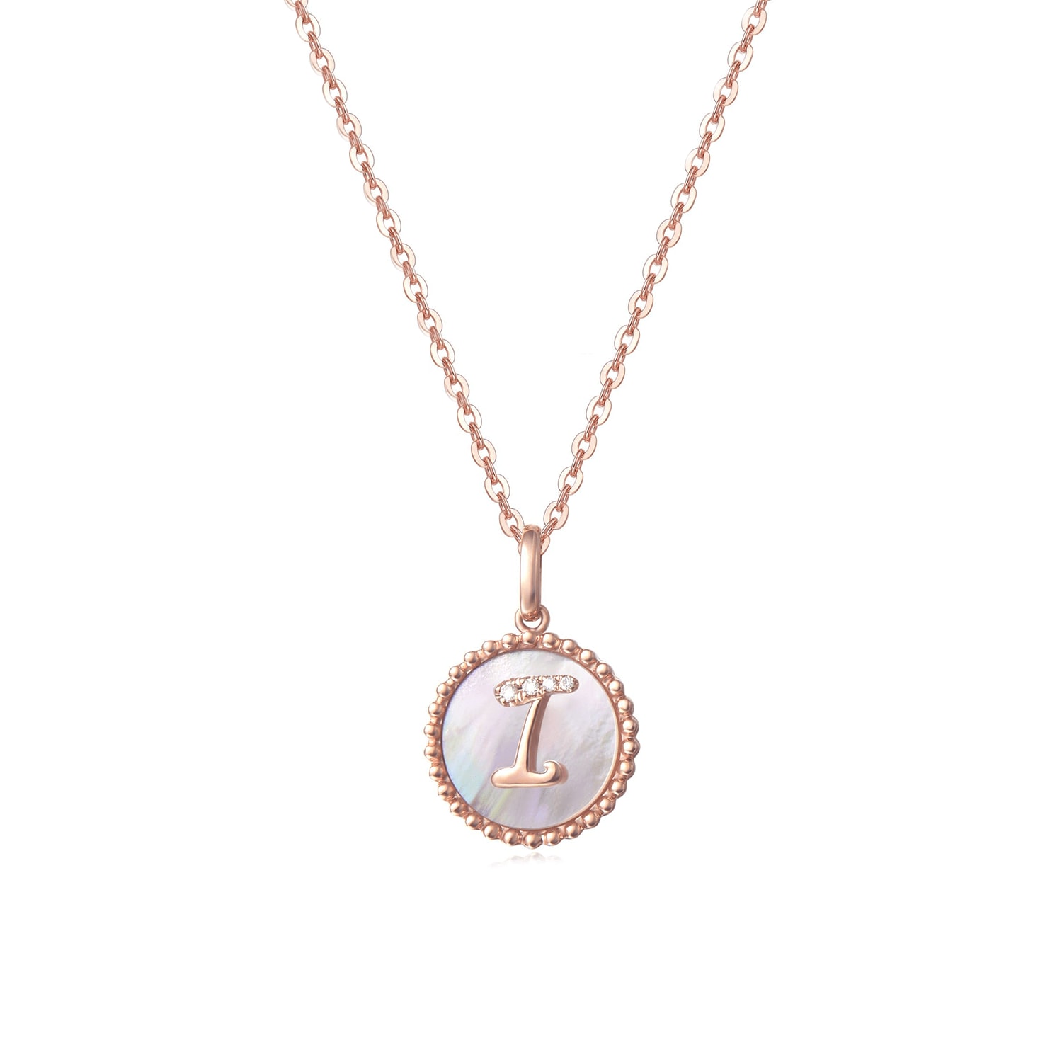 Fanci Me Women's "i" Initial Letter Mother Of Pearl And Diamond Round Disc Solid Rose Gold Necklace - Rose Go