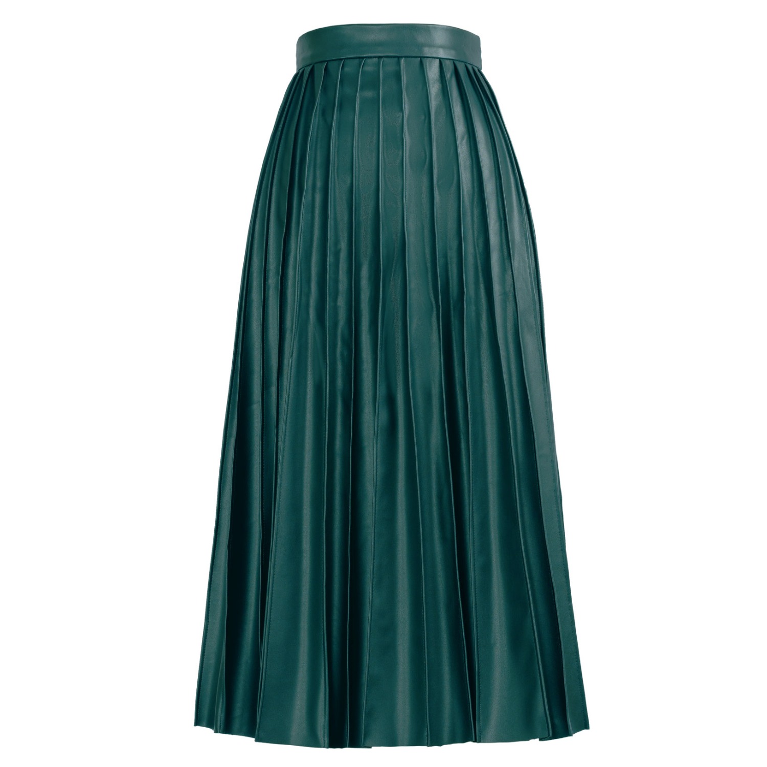 Kargede Women's Green Leather Midi Skirt – Pleated Faux, High Waist In Green