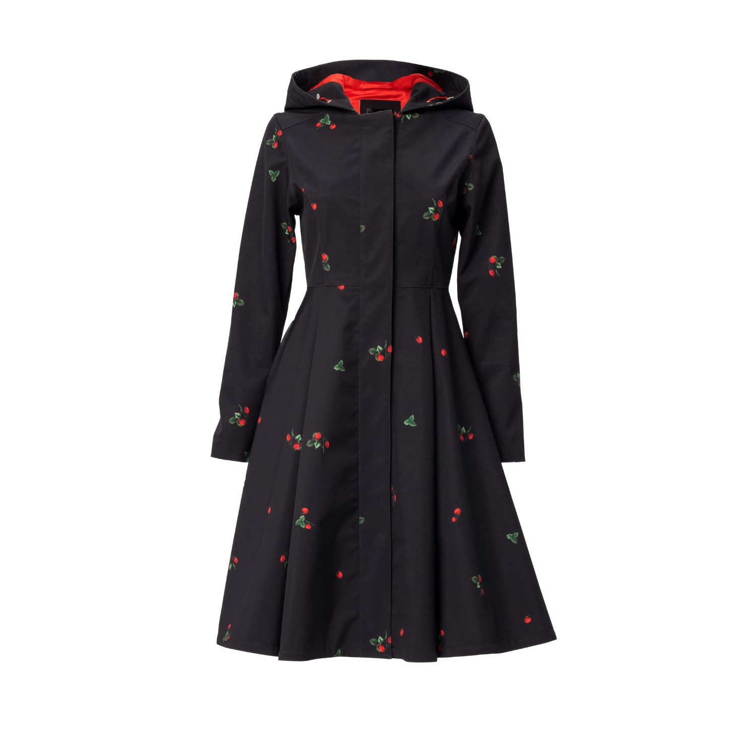 Black Waterproof Coat With Strawberry Print: Wild Strawberry