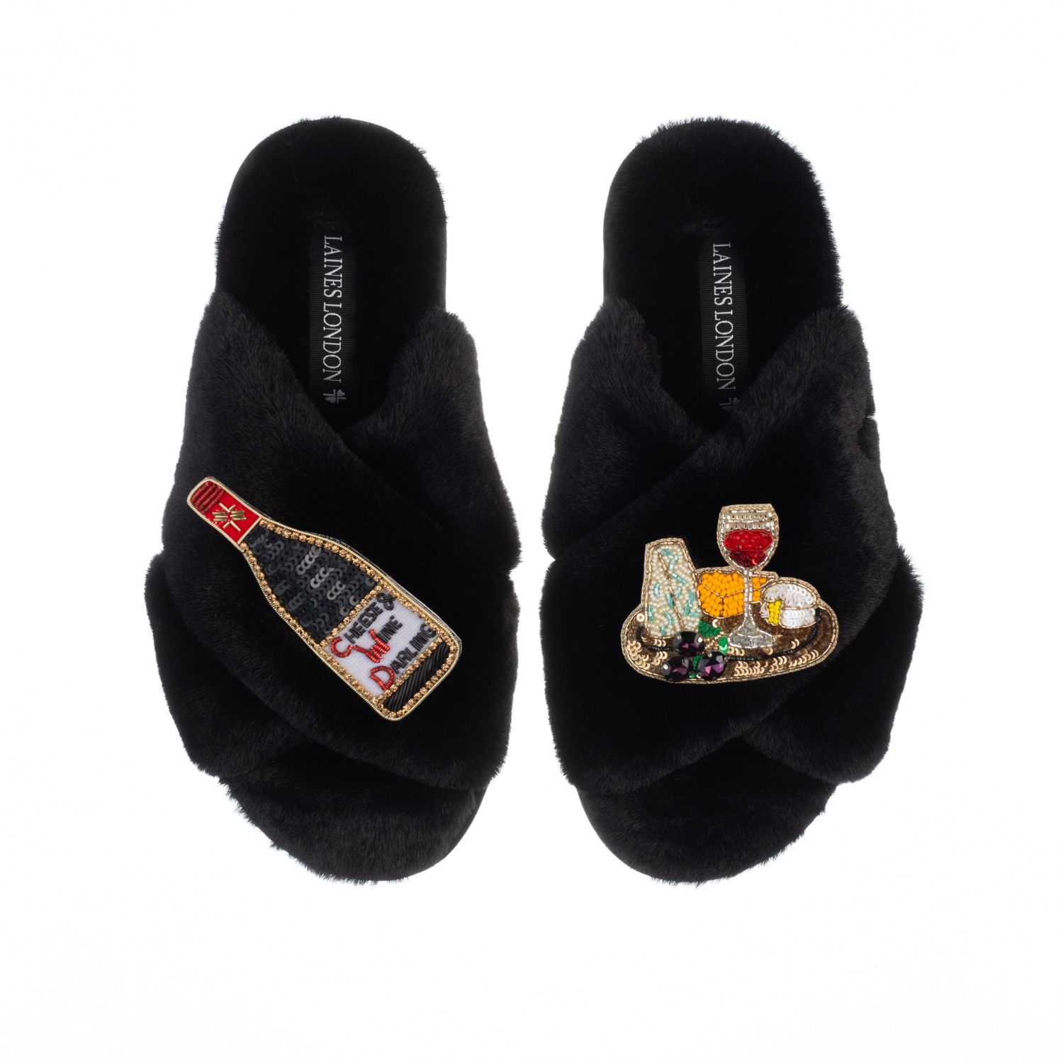 Laines London Women's Classic Laines Slippers With Cheese & Red Wine Brooches - Black In Black