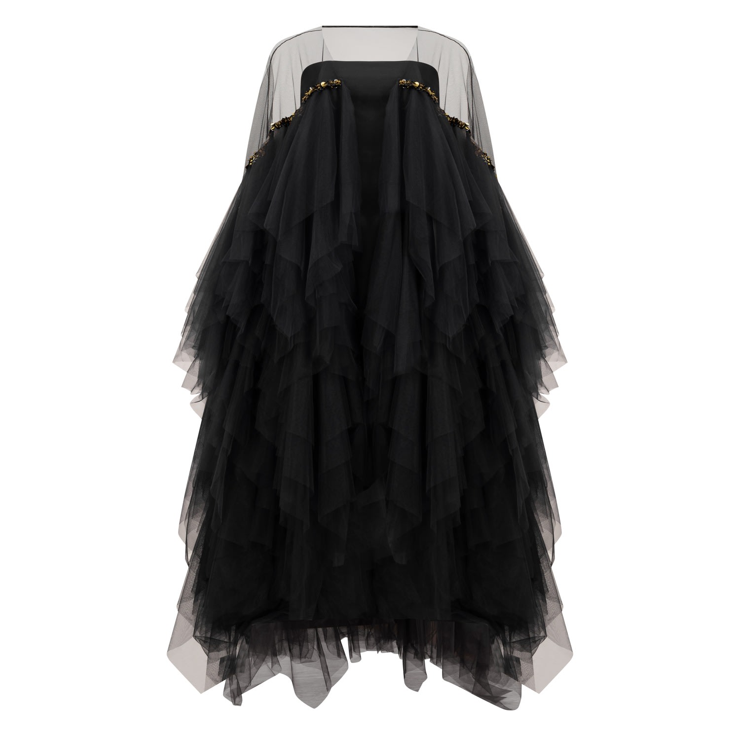 Azzalia Women's Multi Layered Tulle Evening Abaya With Metal Embroidery Around Shoulder