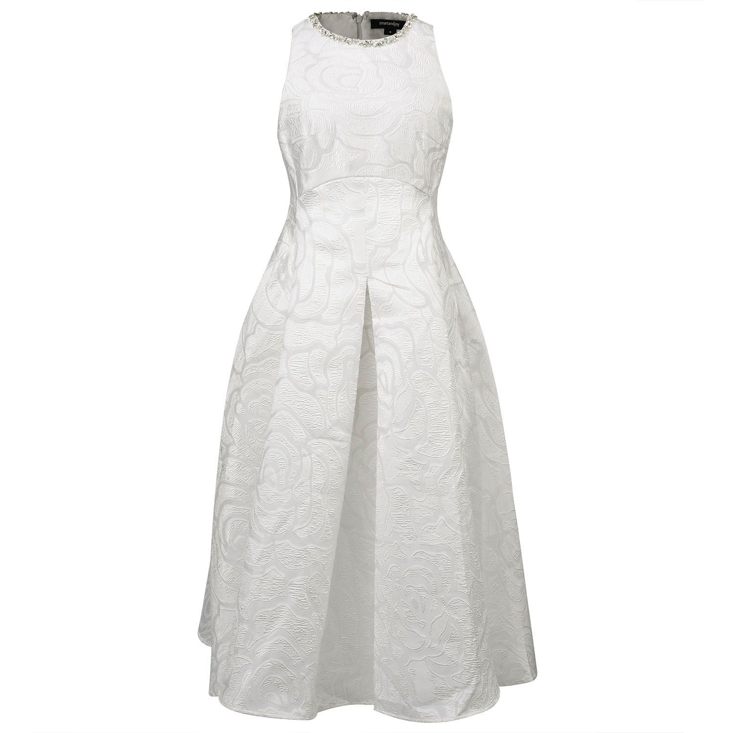 Smart And Joy Women's Fit-and-flare Collar Trim Textured Jacquard Dress - White