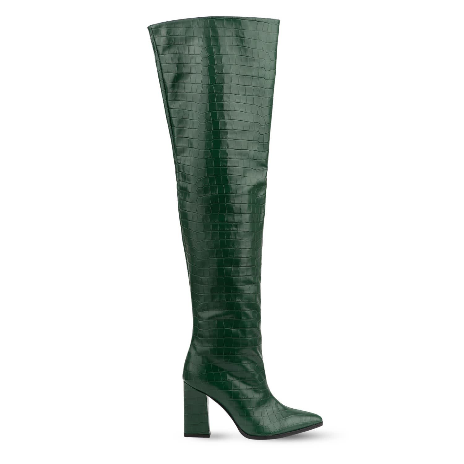 Roma Green Crocodile Print Over Knee Boots | Rosamund Muir London