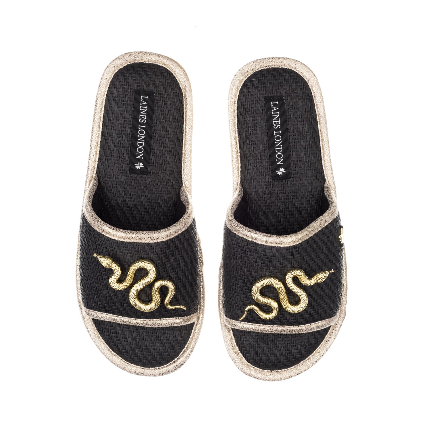Laines London Women's Straw Braided Sandals With Gold Metal Snake Brooches - Black In Black