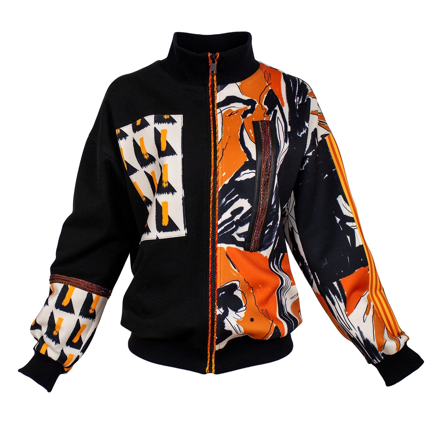 Lalipop Design Women's Patchwork Digital Print & Black Knitted Bomber Jacket In Black
