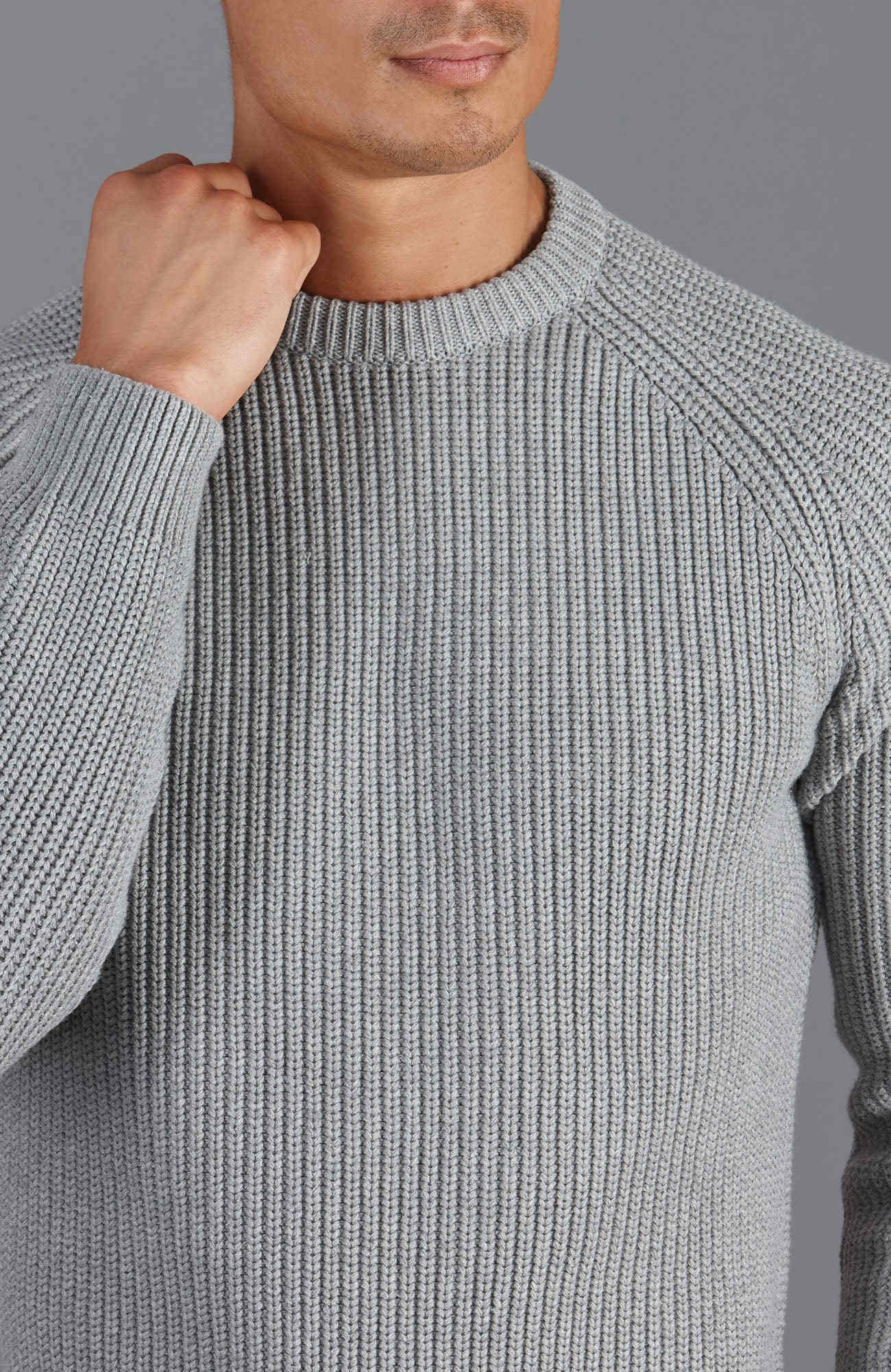 Mens Heavyweight Cotton Clark Fisherman Rib Knit Jumper - Ash Grey 
