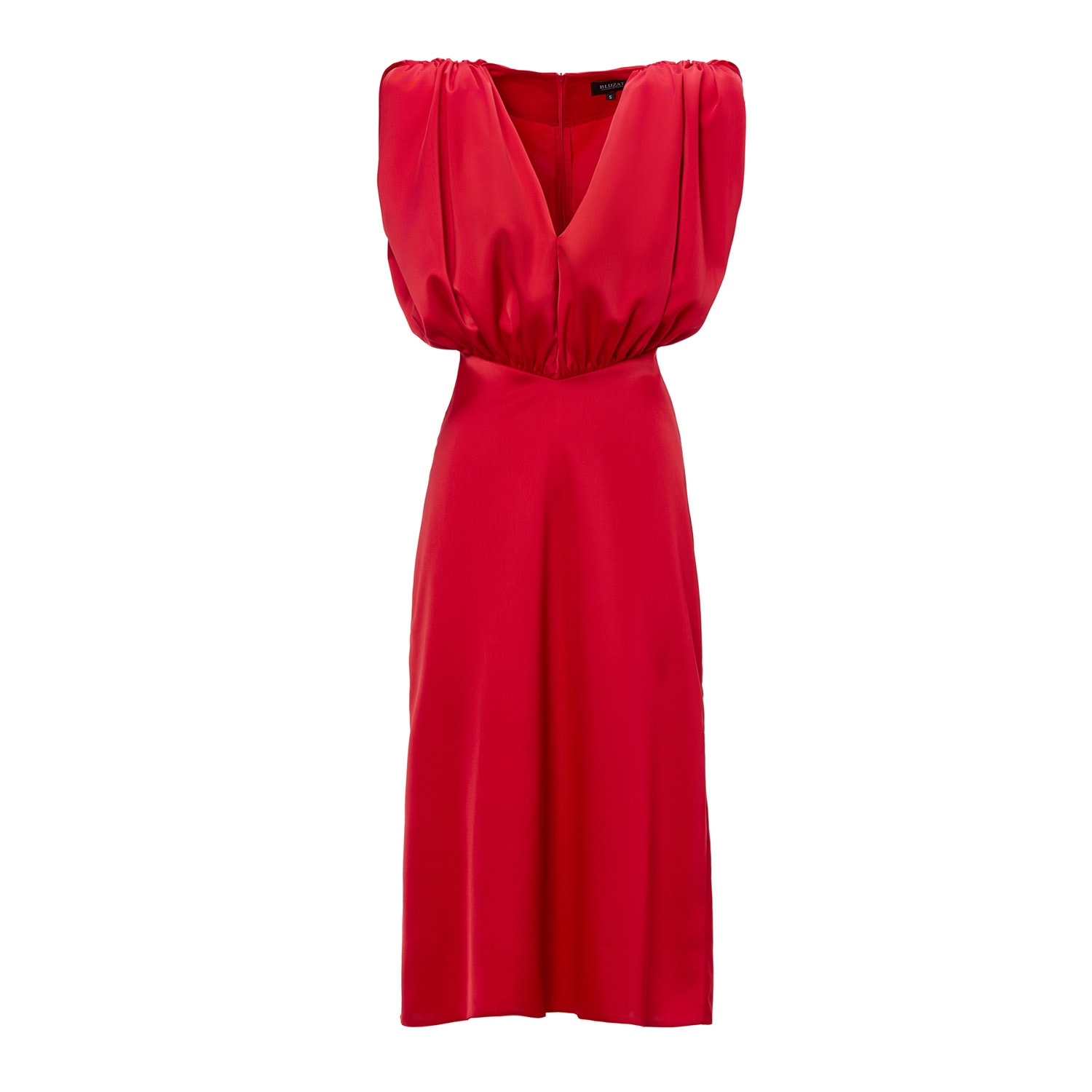 Bluzat Women's Red Midi Dress With V-shaped Draped Bodice In Red