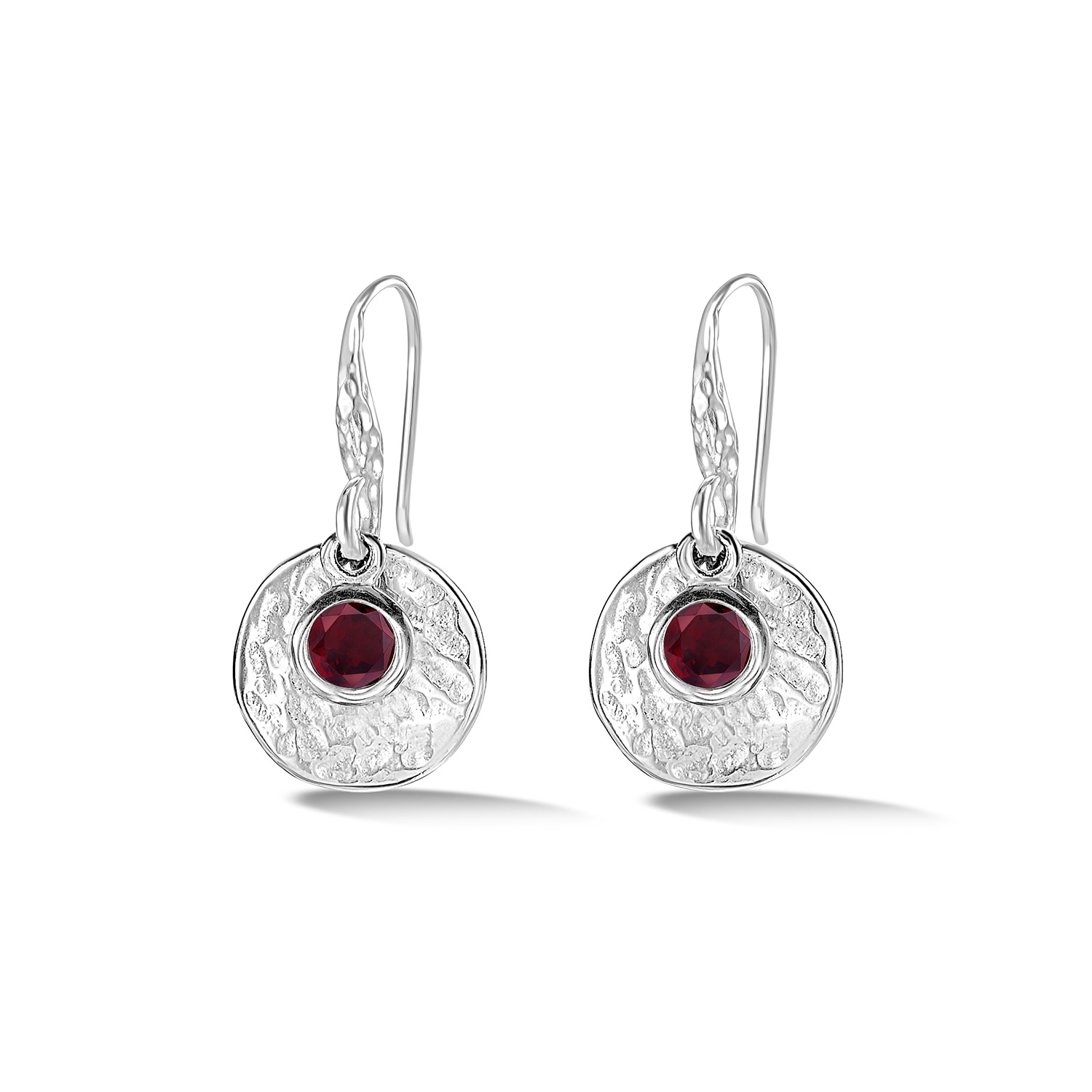 Dower & Hall Women's Silver Hammered Disc & Red Garnet Array Drop Earrings In Silver