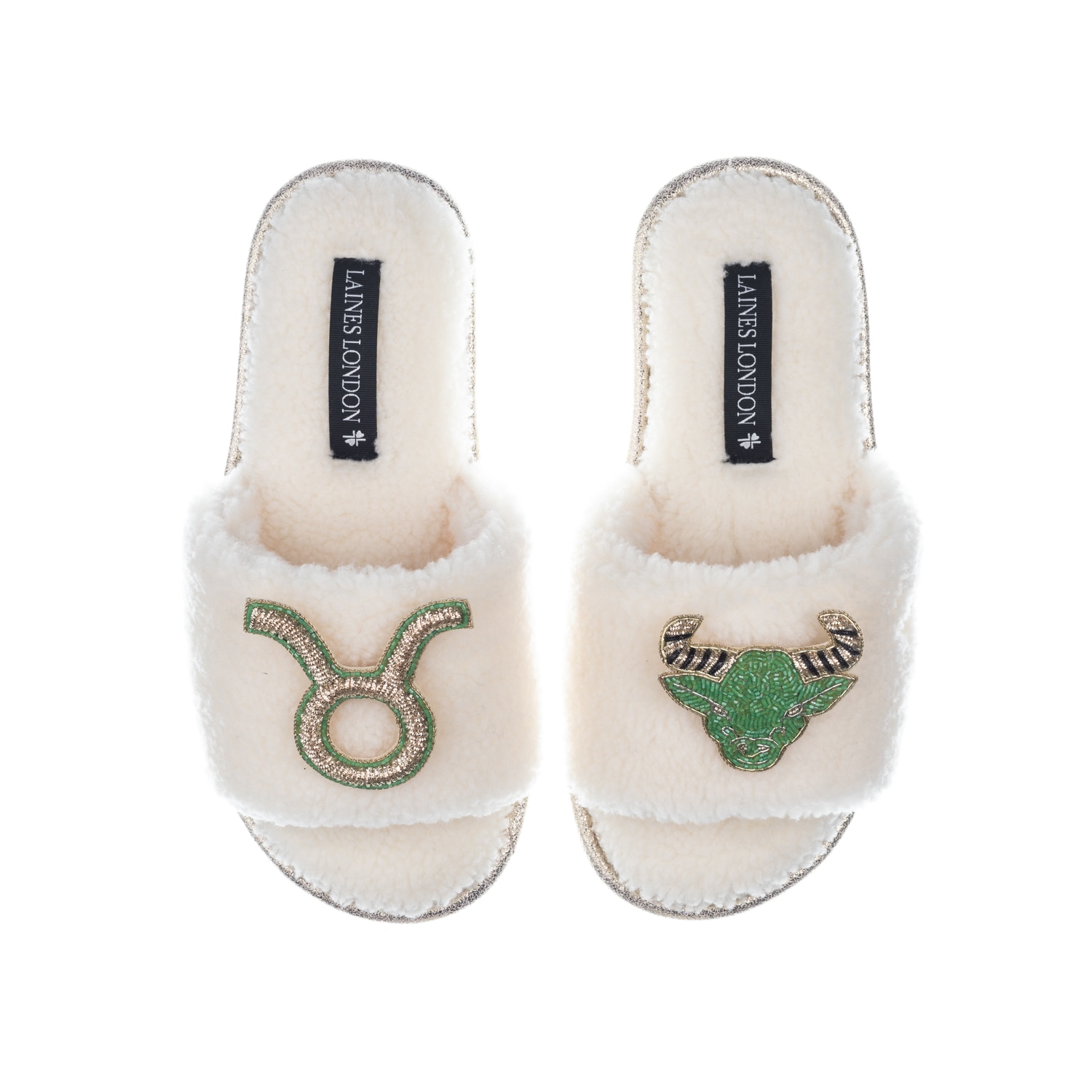 Laines London Women's White Teddy Towelling Slipper Sliders With Taurus Zodiac Brooches - Cream In White