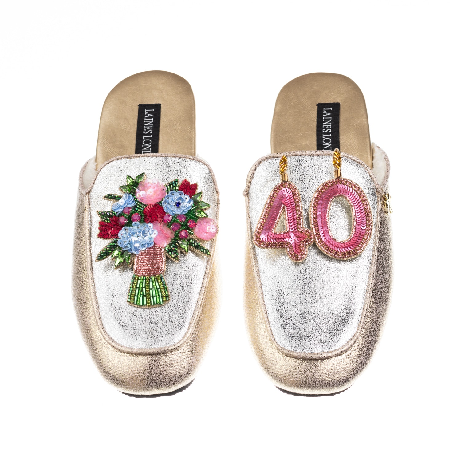 Laines London Women's Gold / Silver Classic Mules With 40th Birthday & Flowers Brooches - Silver & Gold In Gold/silver
