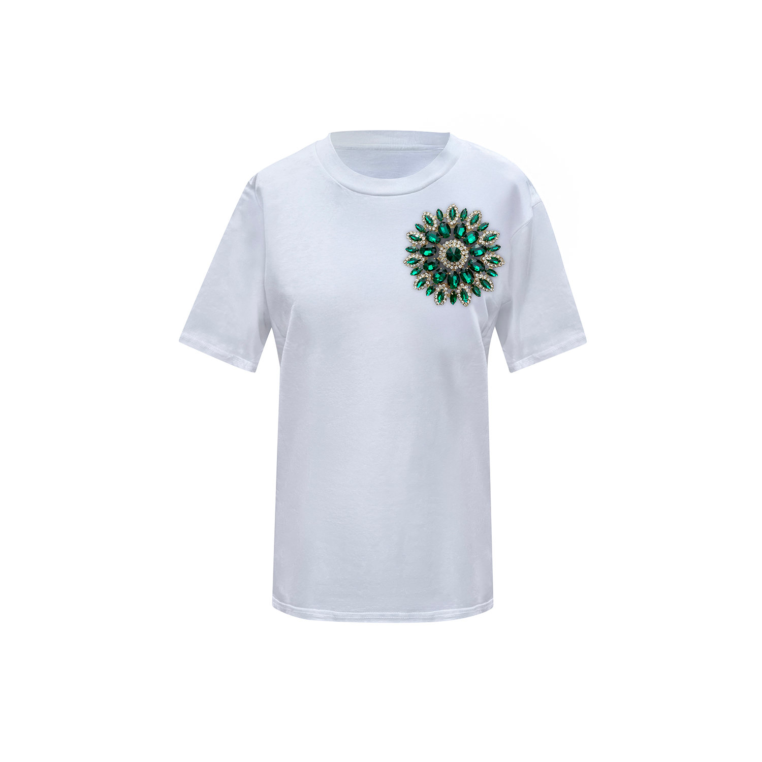 Toma Women's Flower Summer White Cotton T-shirt With Green Swarovski Crystals