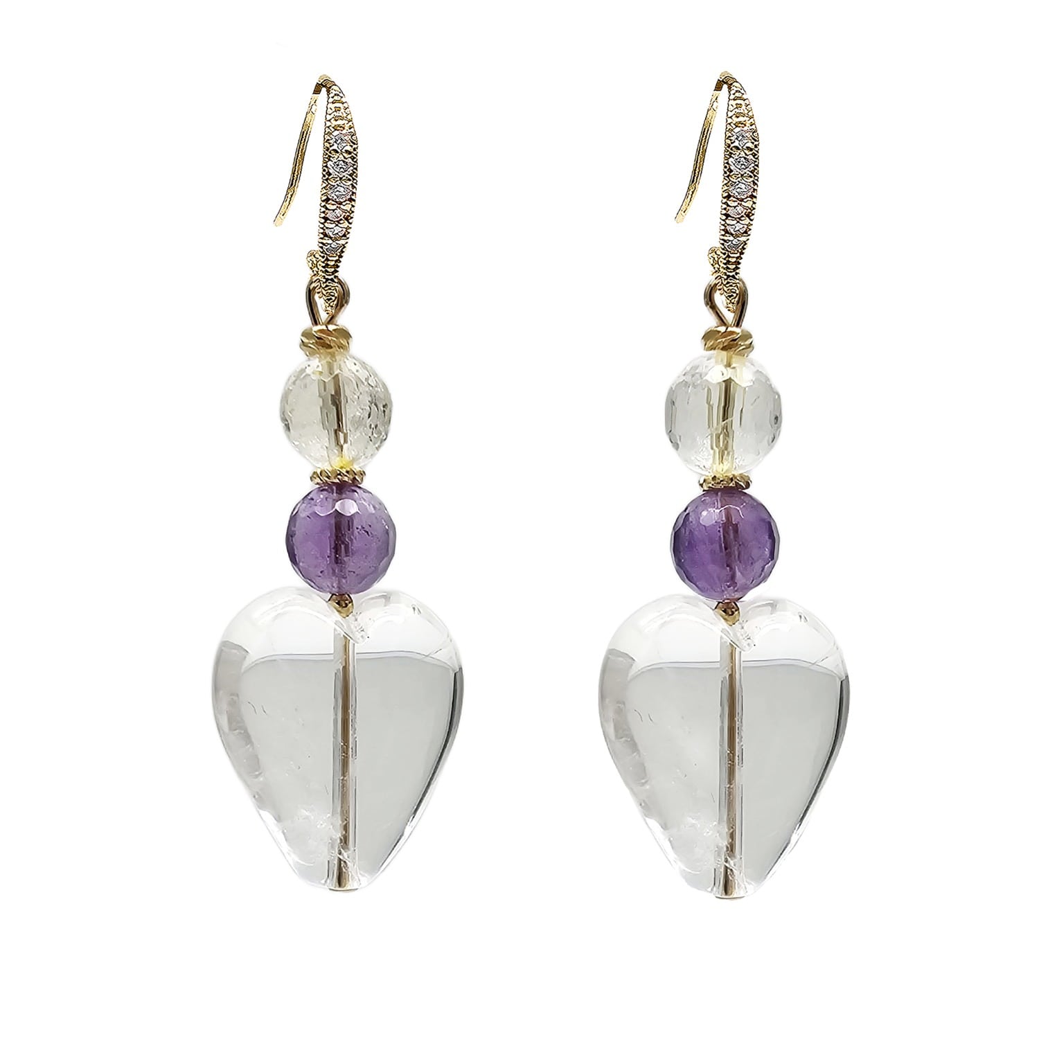 Farra Women's Purple Heart Shaped White Quartz With Amethyst Earrings In Purple