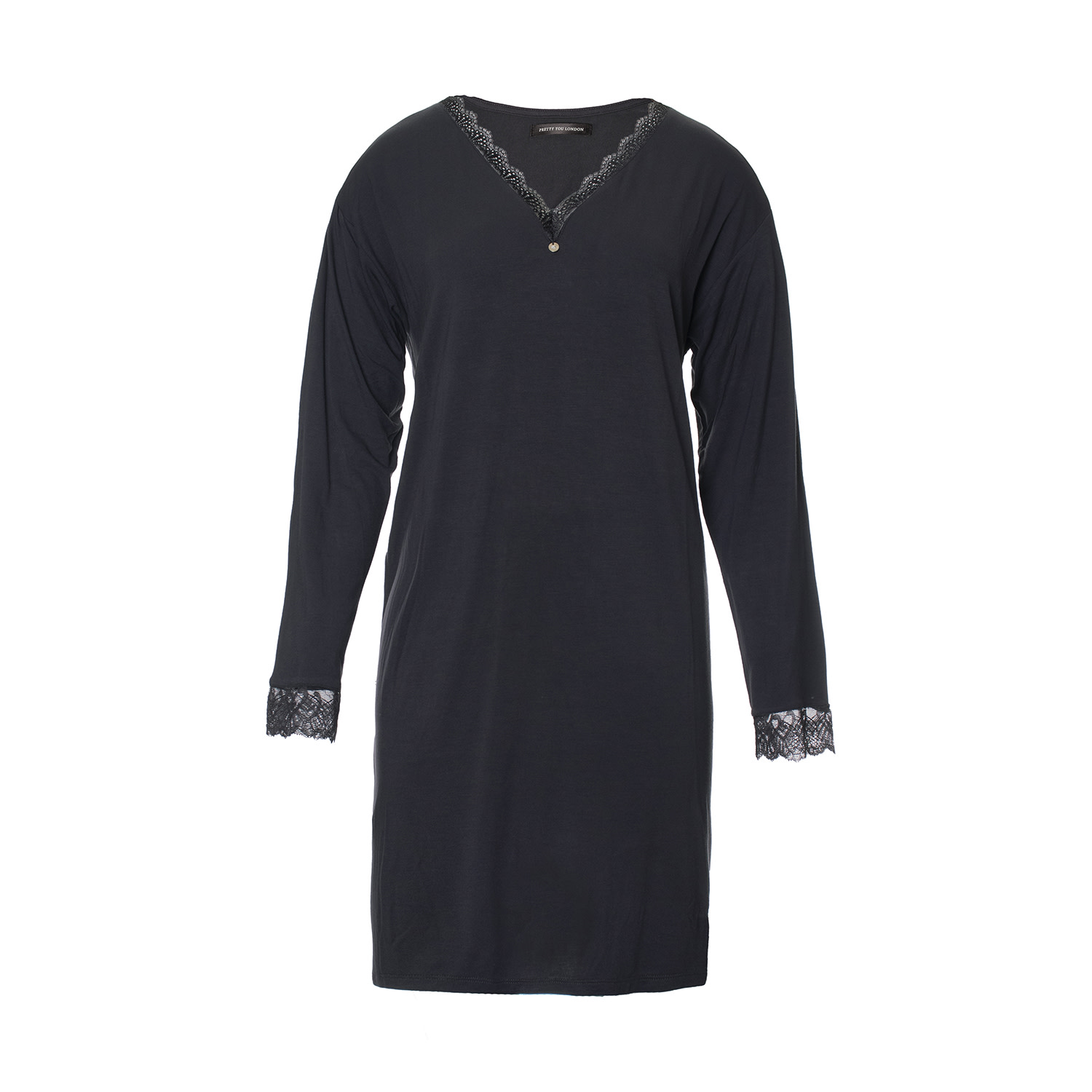 Pretty You Women's Black / Grey Bamboo Lace Nightdress In Raven In Black/grey