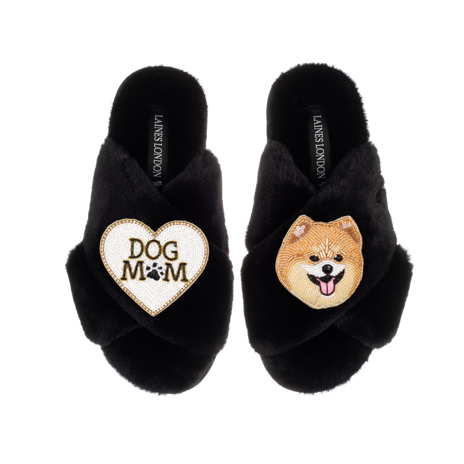 Laines London Women's Classic Laines Slippers With Teddy The Pomeranian & Dog Mum / Mom Brooches - Black In Black