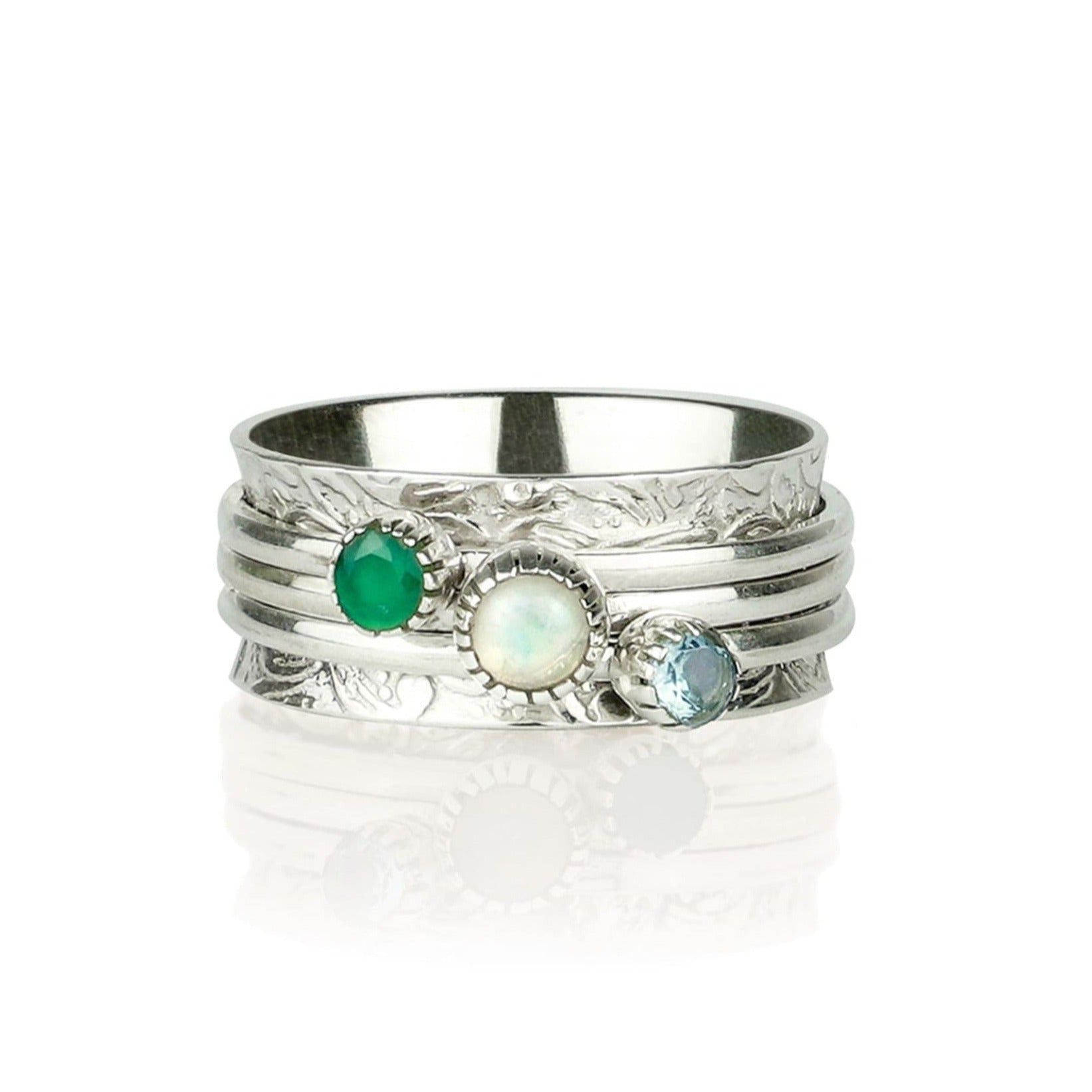 Women’s Pure Soul Silver Spinning Ring - Green Onyx, Opal And Swiss Blue Topaz Charlotte’s Web Jewellery