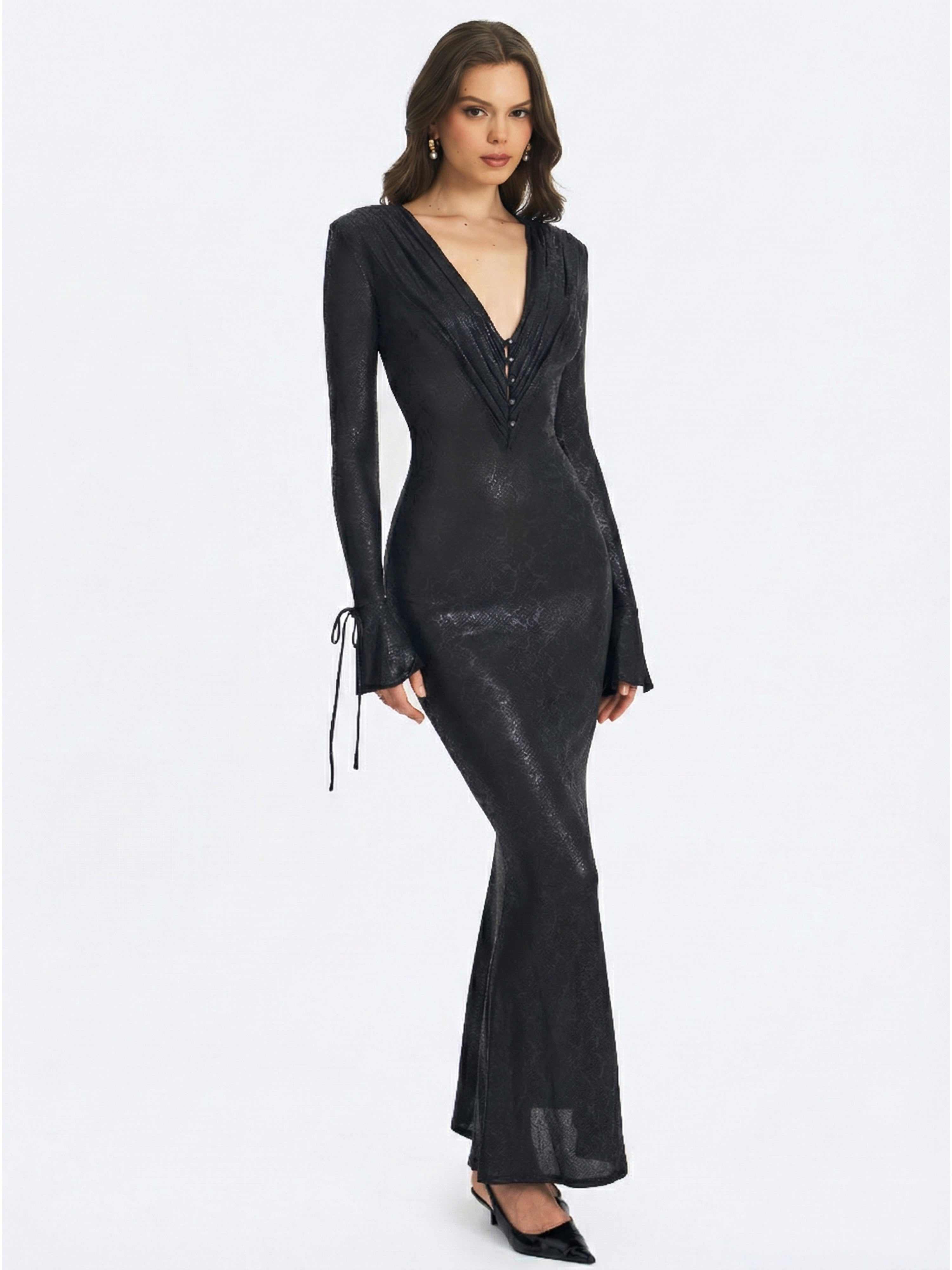 Ilysia Black V-Neck Plunge Snakeskin Mermaid Hem Maxi Dress | Miss
