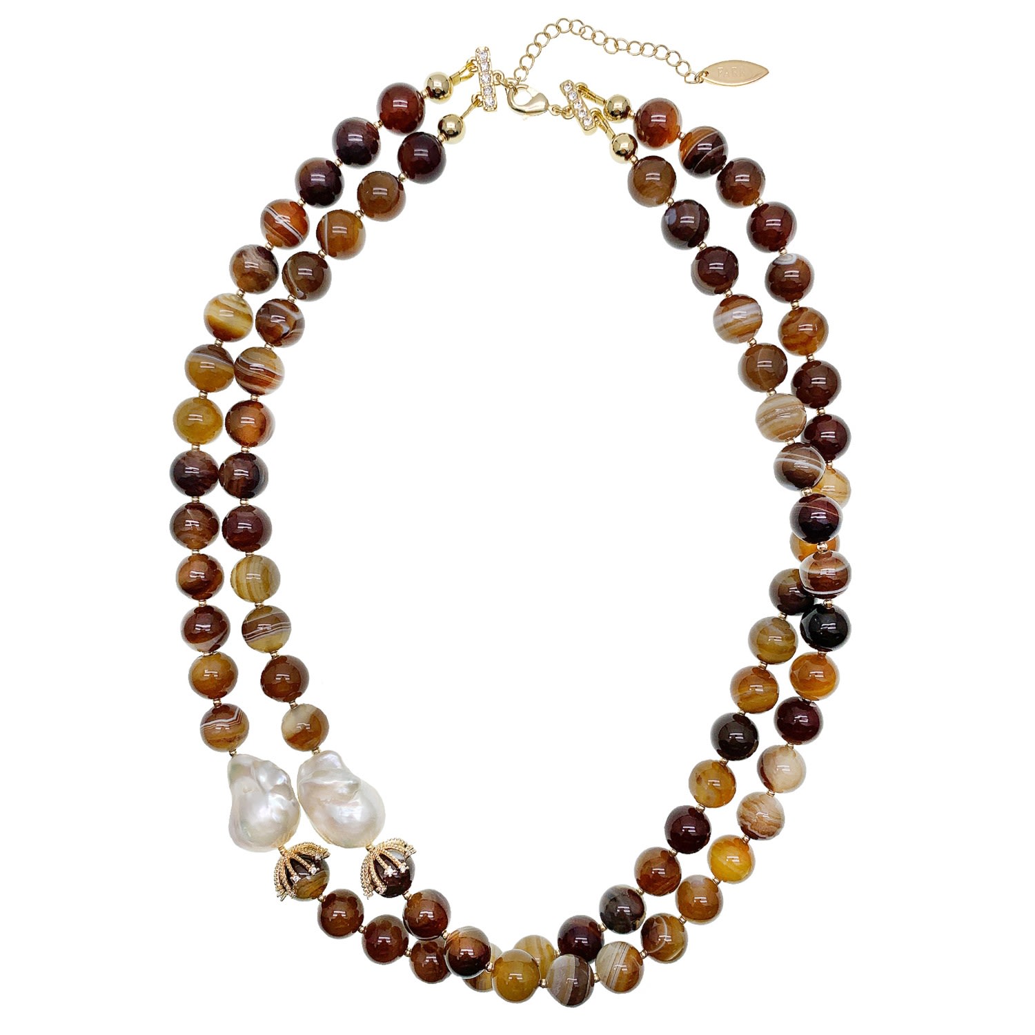 Women’s Brown Agate With Baroque Pearls Double Layers Necklace Farra