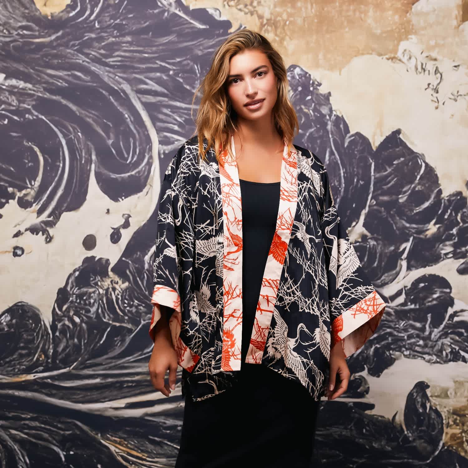 Japanese Crane Print Black & Ivory Short Kimono | Artemis Muse