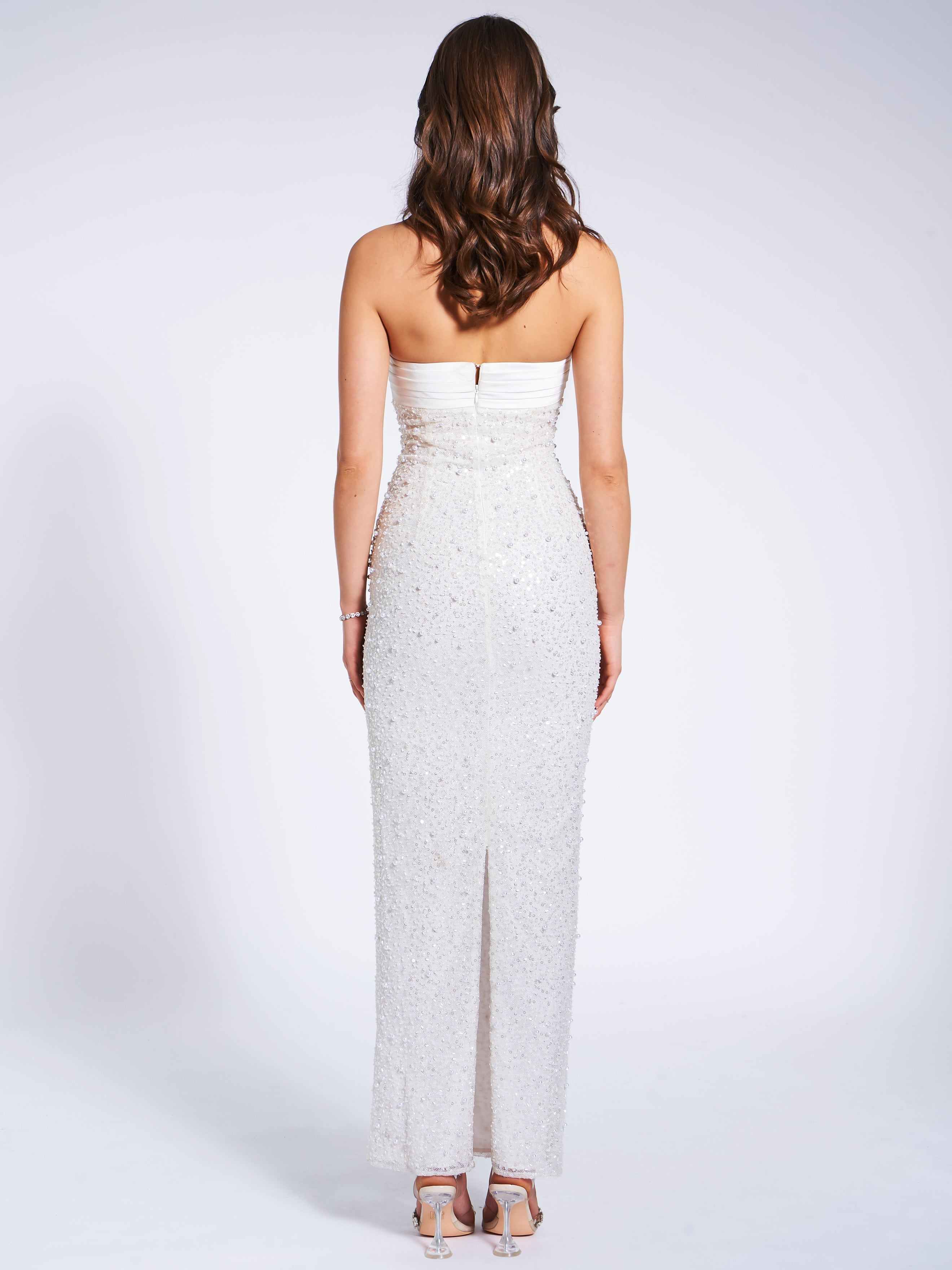 long white beaded maxi dress Eternal Love Sequin Godet Hem Maxi Dress White Selfie Leslie