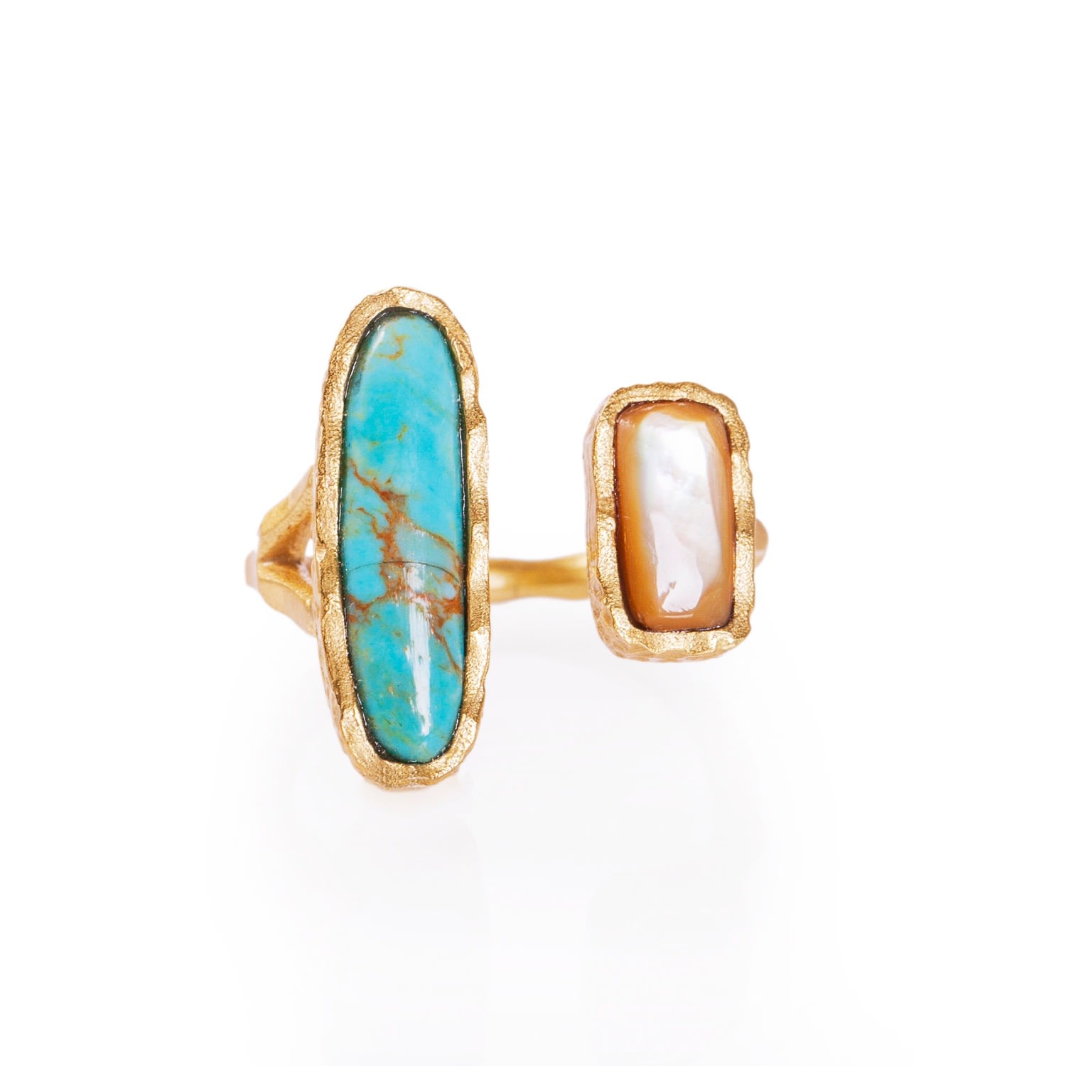 Women's Gold Deco Twin Stone Ring In Turquoise & Pearl | Christina Greene