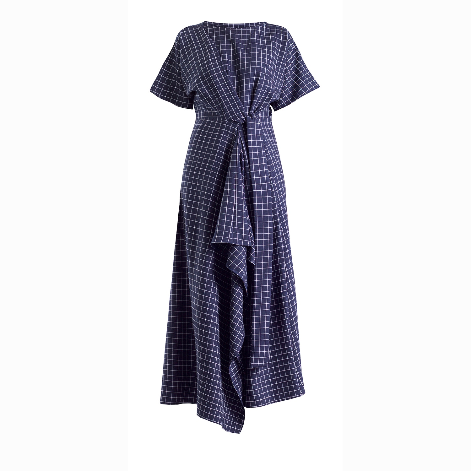 Women’s Blue Baxter Navy Small Grid Wrap Dress Medium Meem Label