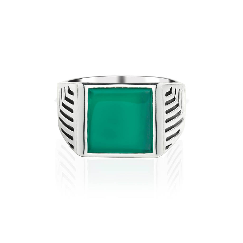 Sacred Universe Men's Silver Signet Ring - Green Onyx