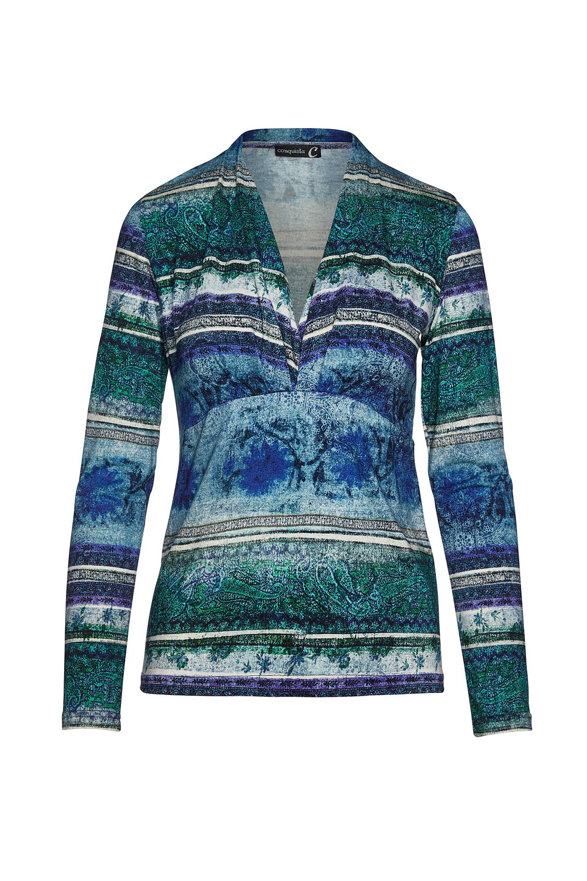 Conquista Women's Green Print Faux Wrap Jersey Top In Green