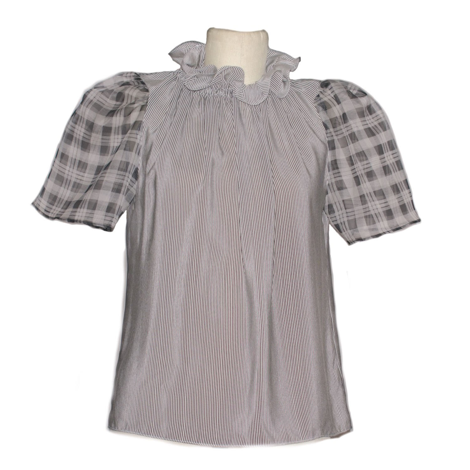 Parron Allen Women's Black / Neutrals / White Silk Stripe & Plaid Lotus Top In Black/white