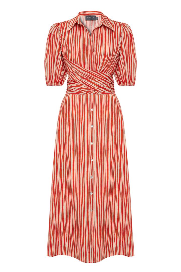 Exquise Women's Regular Striped Tie-waist Midi Shirt Dress - Red