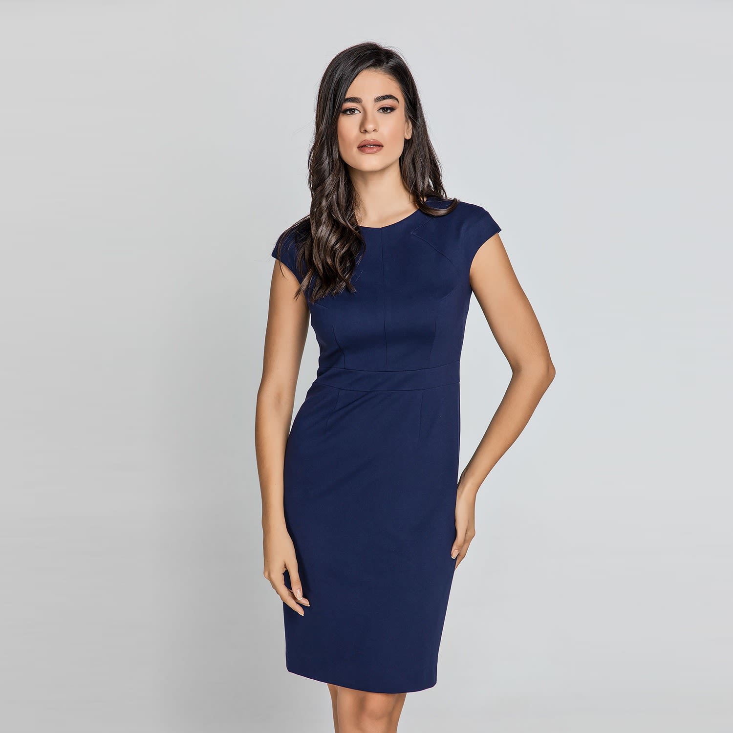 Navy capped shop sleeve dress