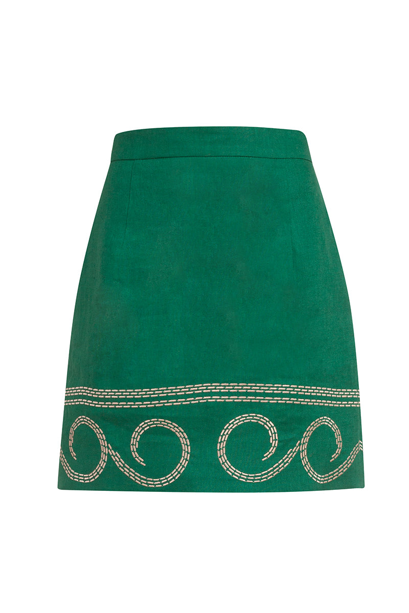 Cliche Reborn Women's Linen Embroidered Mini Skirt In Green
