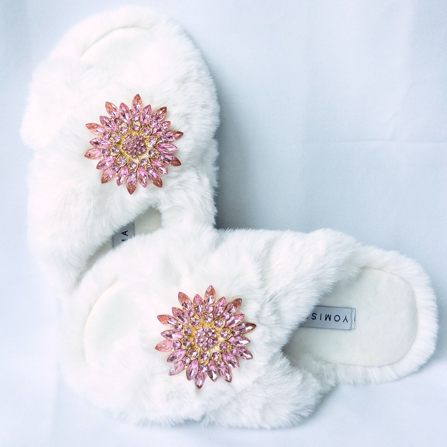 Women's Faux Fur Slippers - Global Recycled Standard Certified With Pink Jewel Embellishments - White | Large | Yomisma