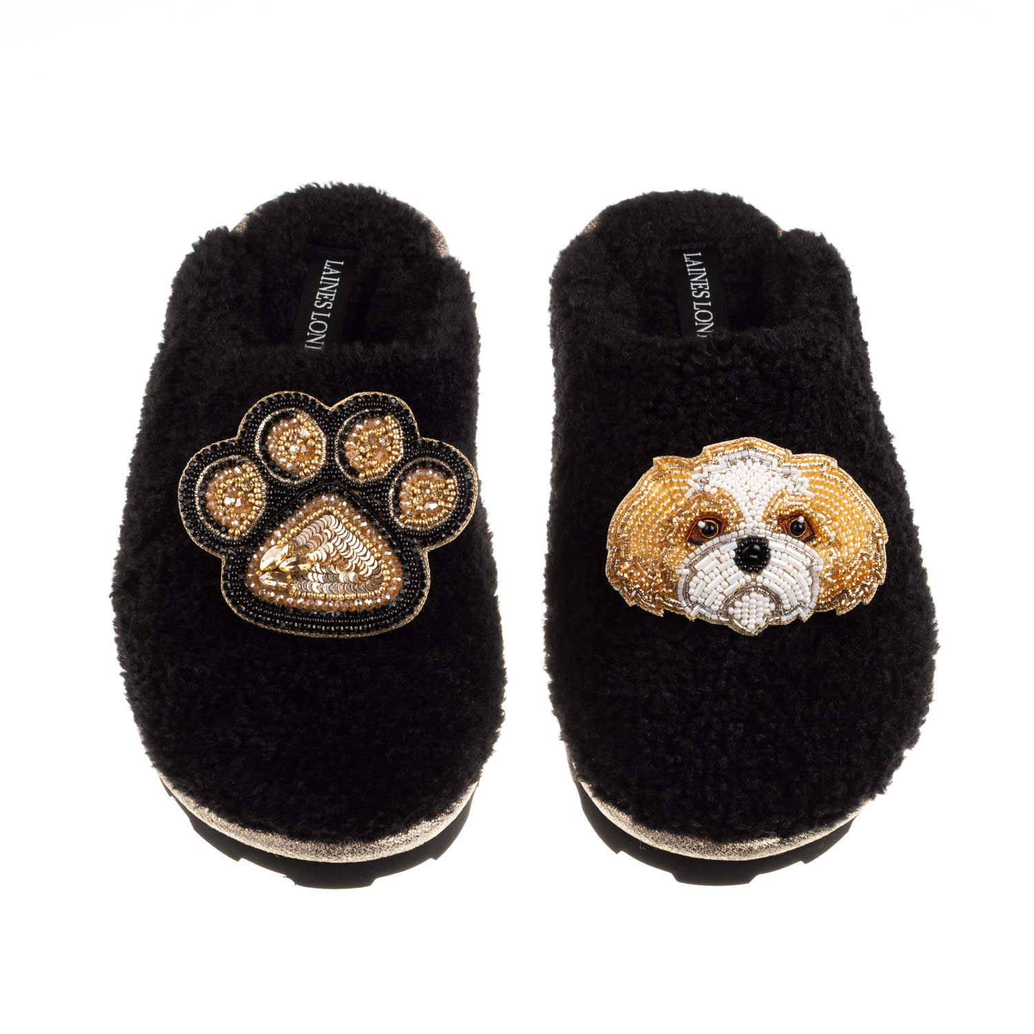 Laines London Women's Teddy Closed Toe Slippers With Paw & Gold & White Shih Tzu Brooches - Black In Black