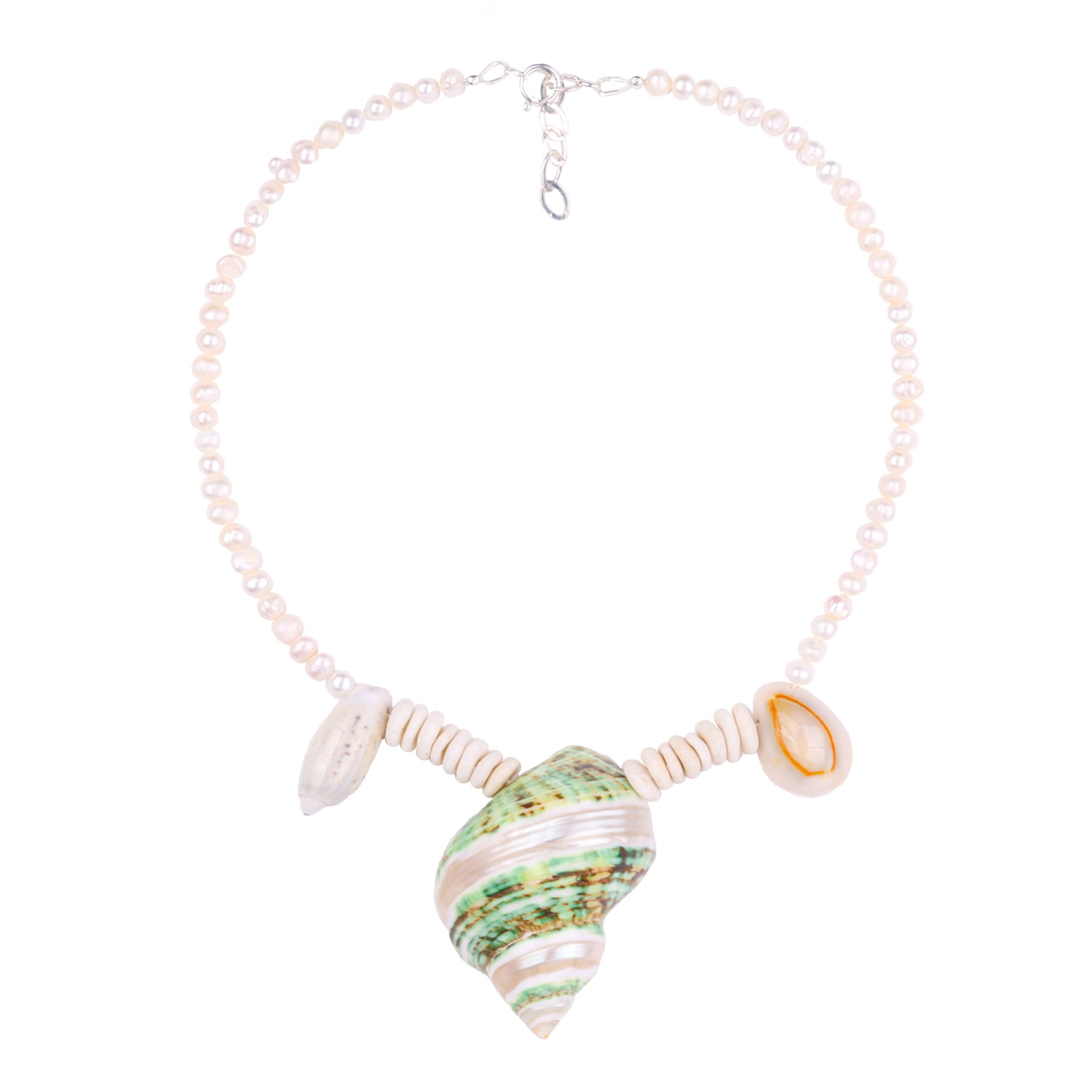 Oanasavu.creations Women's Green / White Beach Summer Holiday Necklace Sea Shell Pendant Freshwater Pearls Sterling Sil In Multi