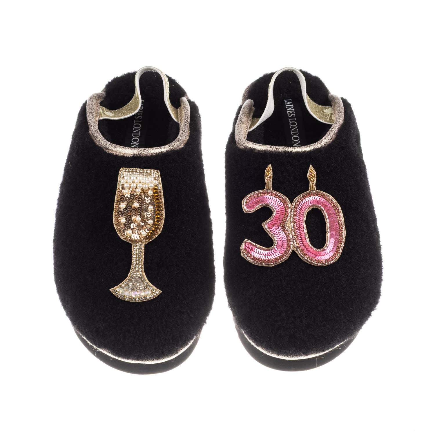 Laines London Women's Black / Gold Flatform Cloud Slippers With 30th Birthday & Champagne Glass Brooches - Black In Multi
