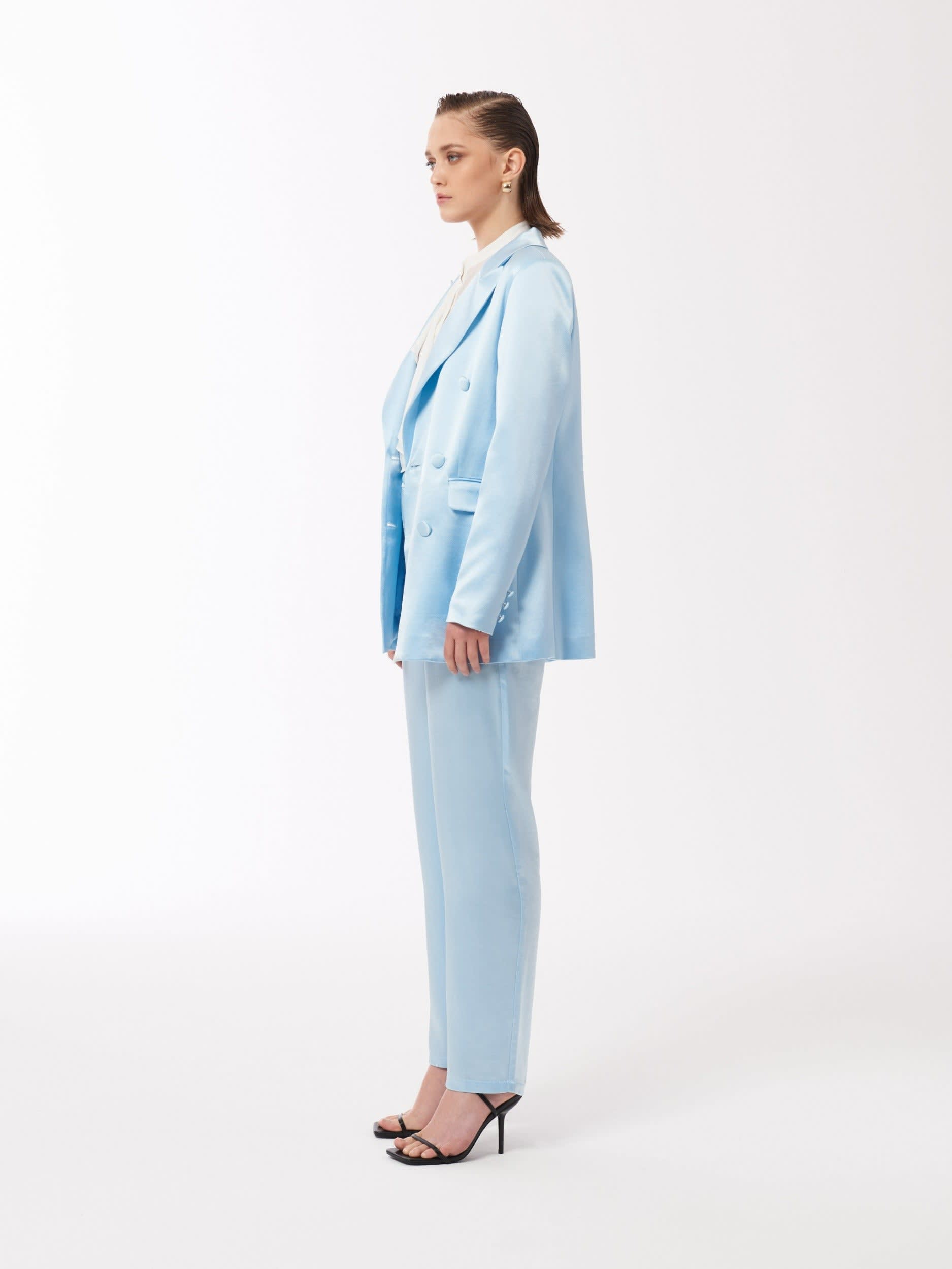 Satin Double-Breasted Blazer Jacket In Baby Blue | SOUR FIGS